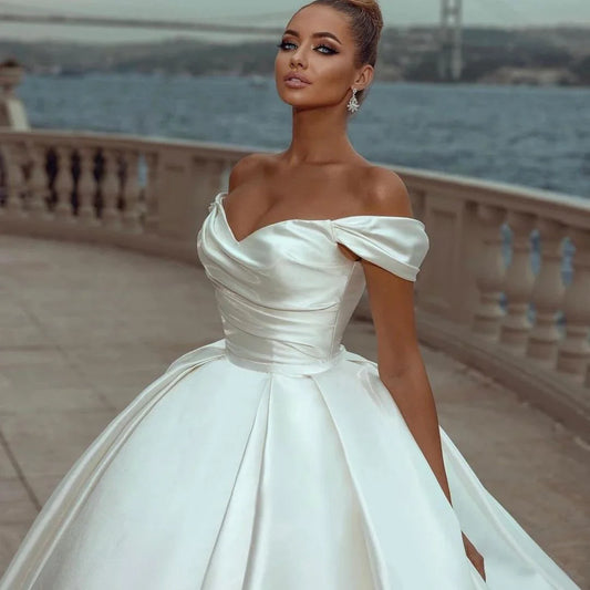 Dresses 2023 Off Shoulder Sweep Train Bride Dress Lace Up Back Satin Wedding Evening Gown Vestido De Novia