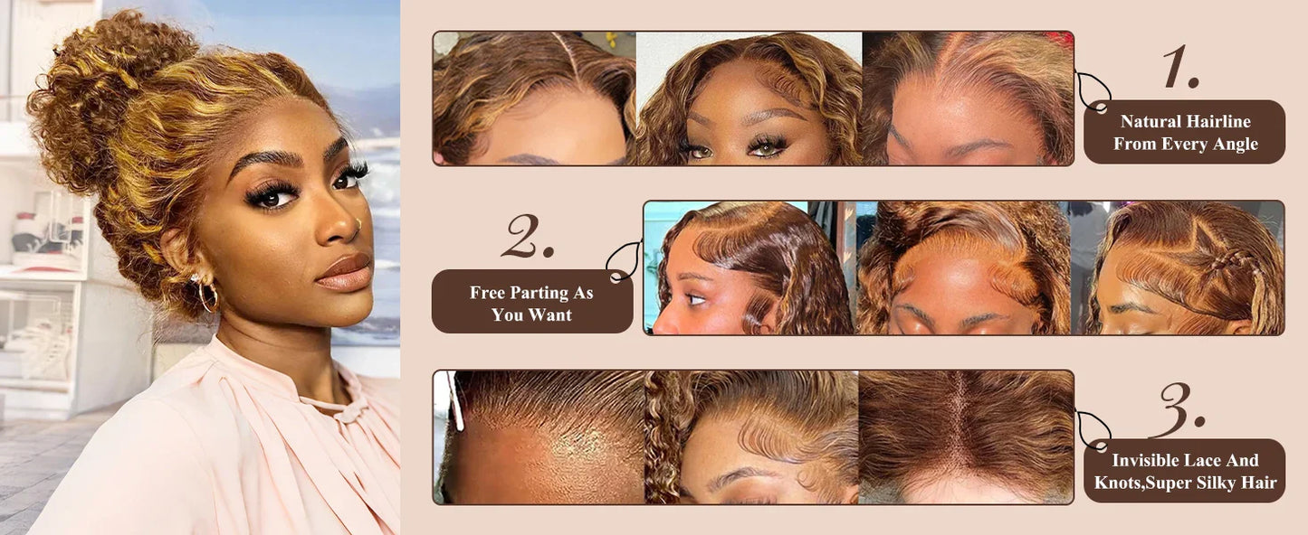 4/27 Curly Highlight Wig Human Hair Preplucked 360 Full Lace Front Wig HD Human Hair Ready to Wear Deep Wave Human Wig for Women