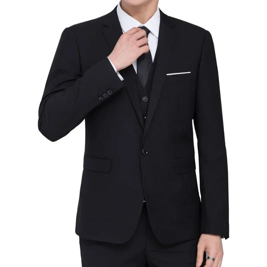 New Solid-colored Suit Men's Fashion Business Gentleman Casual Solid Color Slim-fit Work Wedding Formal Blazer+ Vest +Trousers