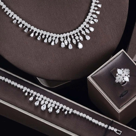 2022 Latest Luxury Brilliant Cubic Zircon Ear Drop Necklace Heavy Dinner Jewelry Set Wedding Bridal Dress Accessories