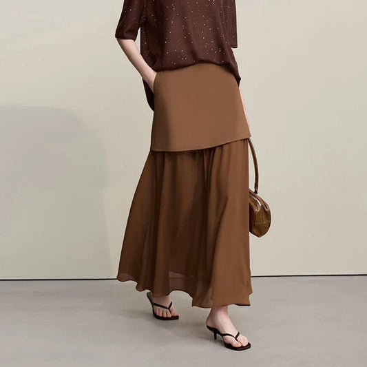 Women's Skirt 2026 Spring New Elegant Patchwork Chiffon Long Skirt Solid Color Straight Versatile Woman Clothes 12641047