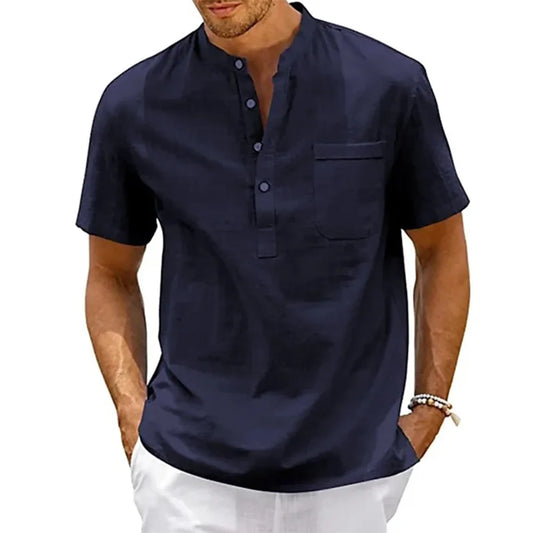 Camisa de Linho de Algodão Masculina Gola Henley Bolso Casual Praia Manga Curta Cor Sólida Masculina Tops Camisetas Vintage Streetwear