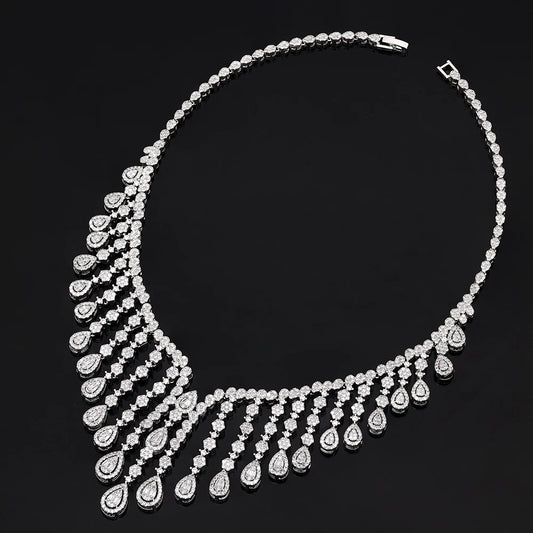 Luxury 4 Pieces Bridal Wedding Jewelry for Women Cubic Zirconia Water Drop Earrings Tassel Necklace Jewelry Sets Party Gift