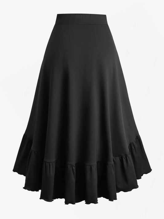 Plus Size Grommets Lace-Up Ruffles Ruched High-Low Skirt Adjustable Tie Waist Maxi Skirt for Women Oversize Black Skirts