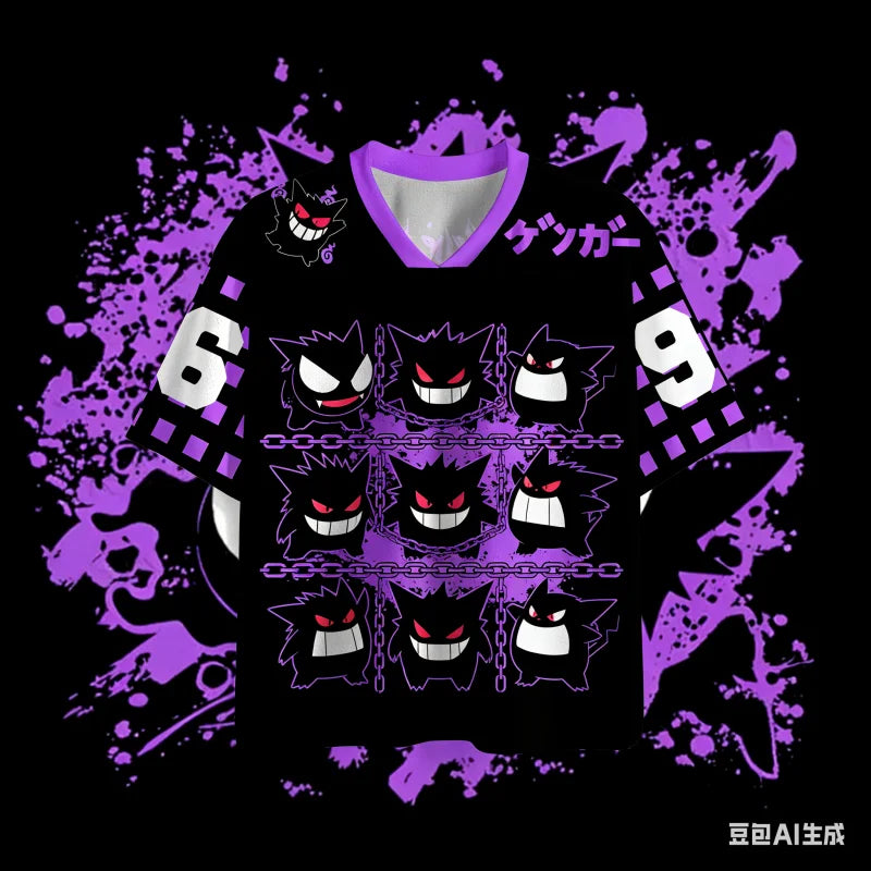 Y2K Adult Gengar 3D Print V-Neck Purple-Black Ghost Retro Anime Raglan Sleeve T-Shirt