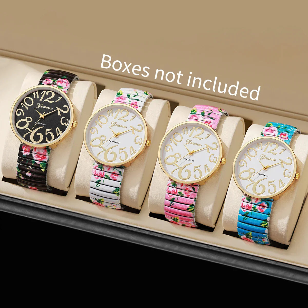 1/2/3/4PCS Fashion Flowers Printed Women Watch Luxury Elastic Strap Arabic Quartz Watches Reloj Mujer Girls Clock(Without Box)