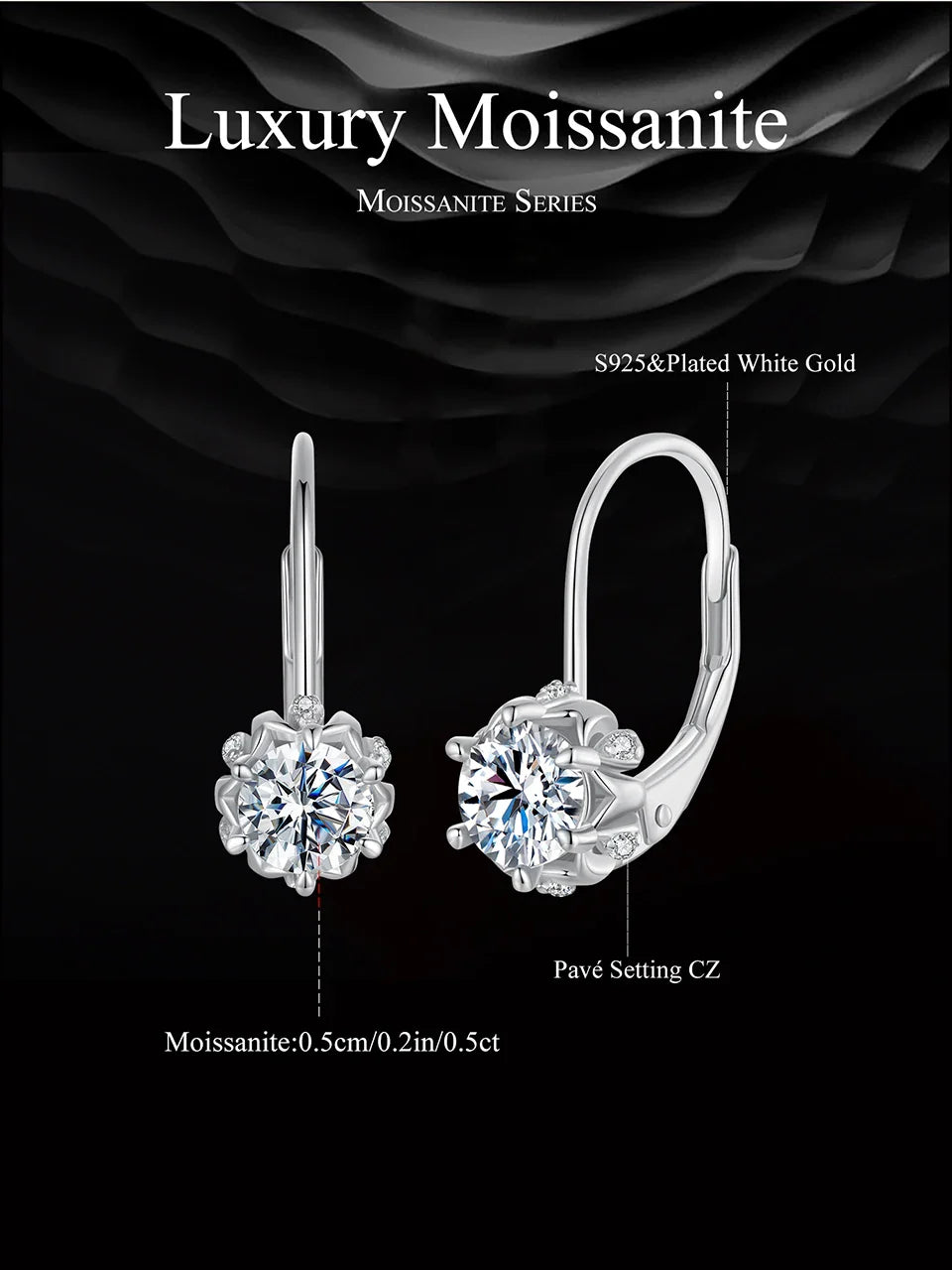 Platinum Plated Moissanite Flower Earrings for Women, Round Cut Lab Diamond 925 Sterling Silver Hypoallergenic Earrings