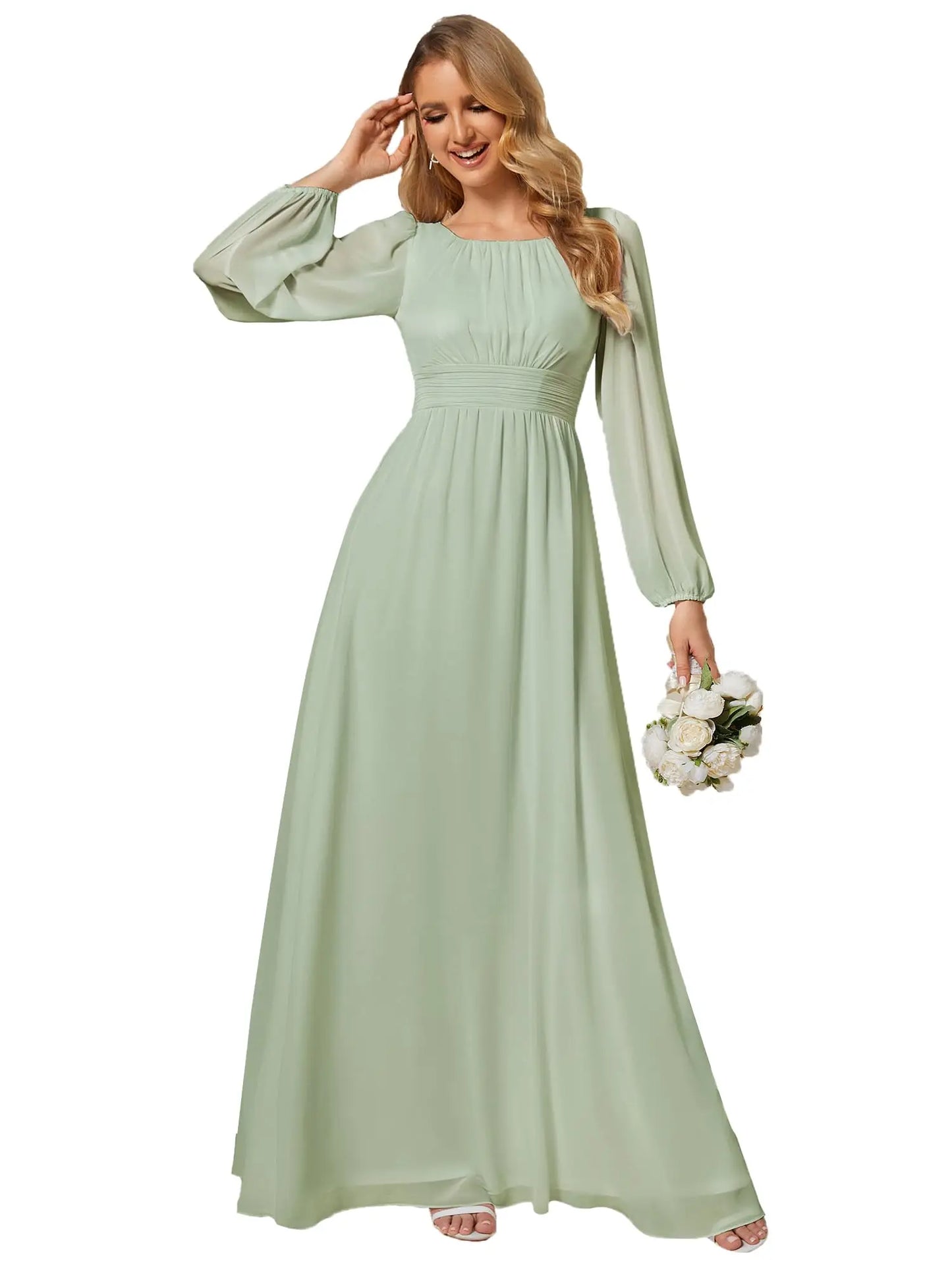 Women's Crewneck Lantern Sleeves Bridesmaid Dresses For Wedding Flowy A-Line Pleated Floor Length Chiffon Formal Evening Dresses