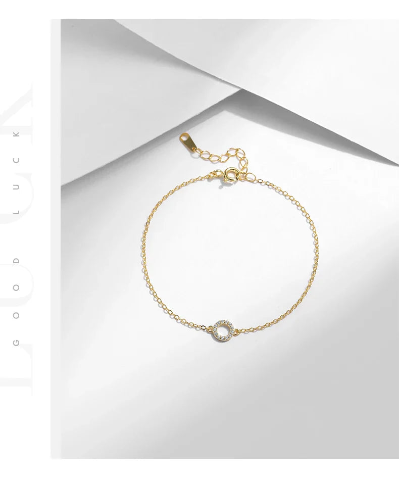 Solid 925 Sterling Silver Simple Hollow Circle Clear CZ Bracelets Gold Color Link Chain For Women Girls Fine Jewelry Gift