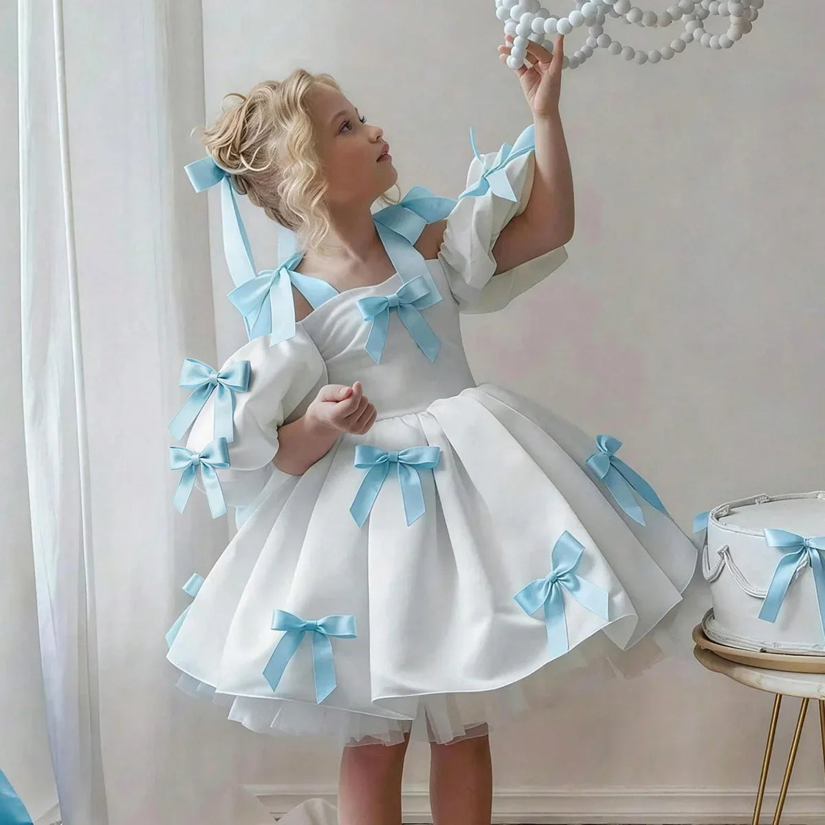 2-8Y Kids Girls Skirt Little Girls Puff-Sleeve Princess Dress Birthday Party Piano Host Performance Dress Belle Ball Gown