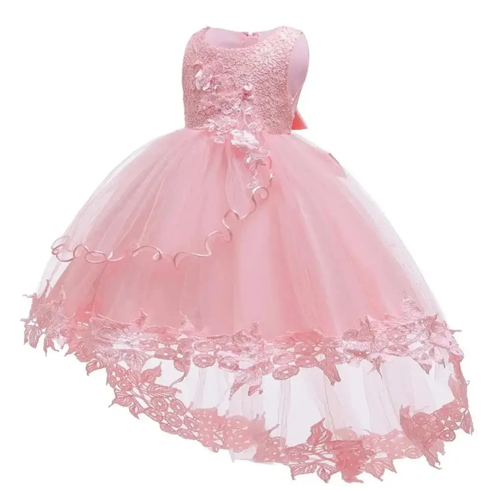 Asymmetric Toddler Evening Prom Dress Elegant Party Dresses For Girls Pink White Birthday DressLace Baby Girl Princess Dress