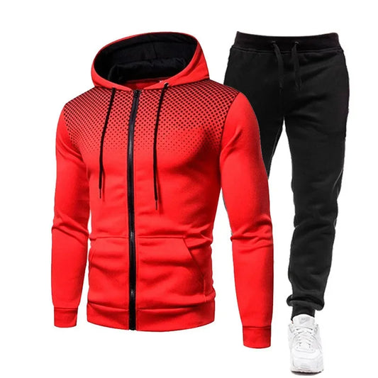 2025 New Men's Sports Set Spring and Autumn Outdoor Running Clothing Dot Print Zipper Hoodie Sports Pants Two Piece Set