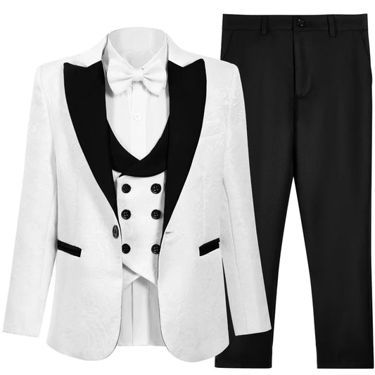 2026 New Formal Black Jacquard Suit Set 4 Pieces Wedding Ring Bearer Outfit Handsome Peak Lapel Suits For Birthday Party 3-14T