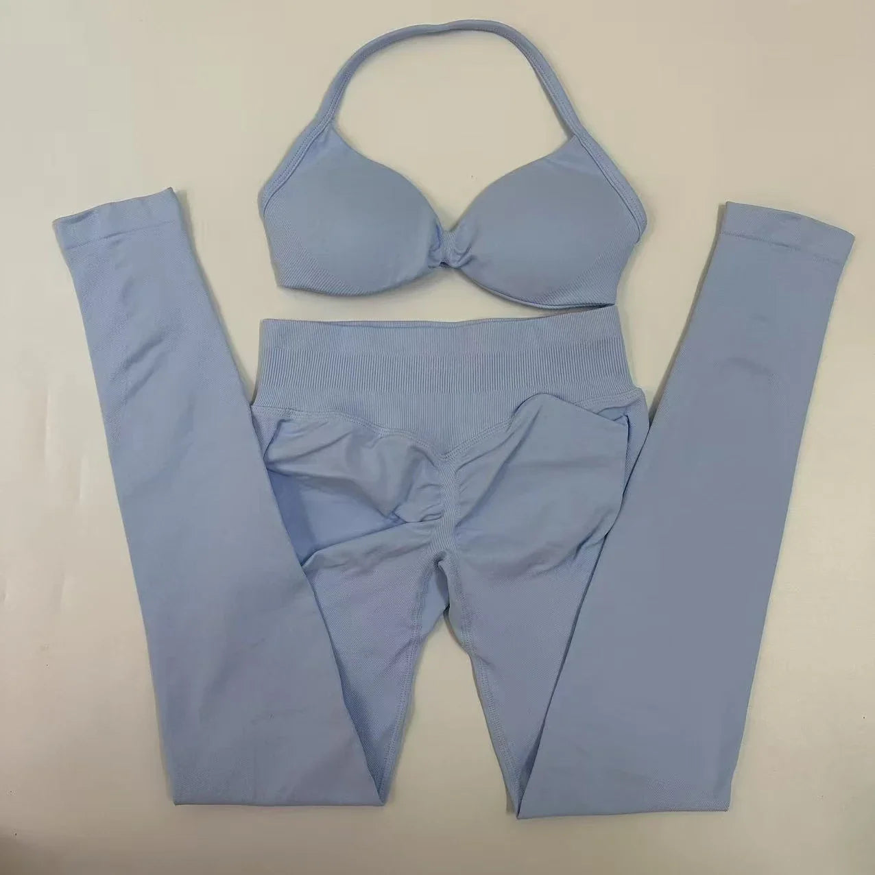 2pcs Seamless Yoga Set Women Yoga Scrunch Leggings Set Strappy Halter Sports Bra Fitness Gym Clothing Workout Set
