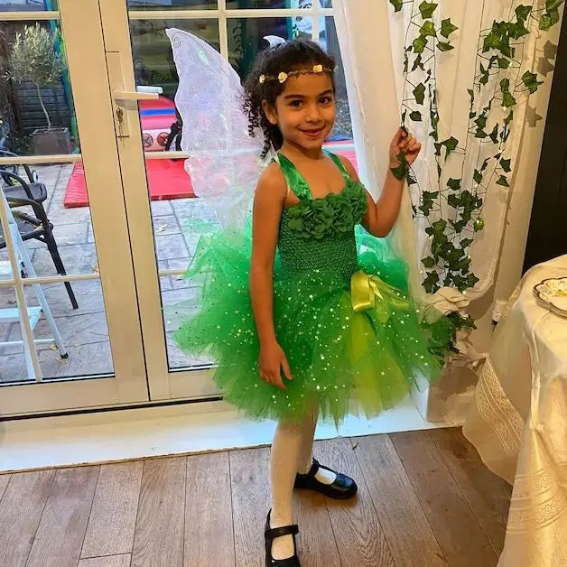 Girls Green Glitter Tutu Dress Kids Flower Fairy Dress with Butterfly Wing Set Children Party Costume Sparkled Stars Dresses