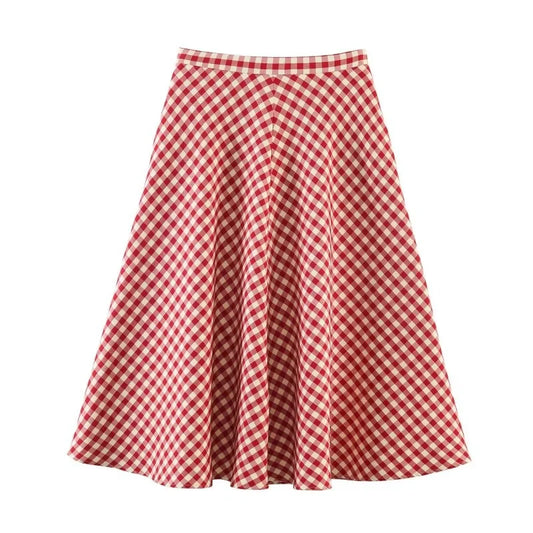 Women's Red Gingham A-Line Midi Skirt – High Waist, Flared Hem, Spring Casual Skirt for Picnic & Outdoor Outings