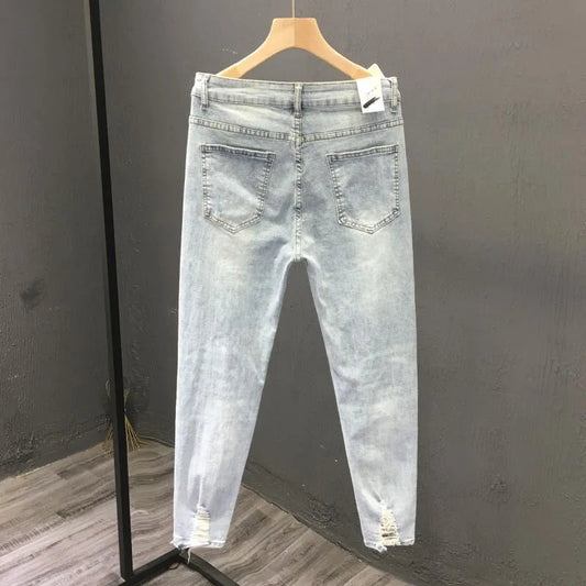 2023 Spring and Autumn New Men's Fashion Solid Color Ripped Jeans Men's Casual Comfort Elastic High-Quality Small Foot Pants