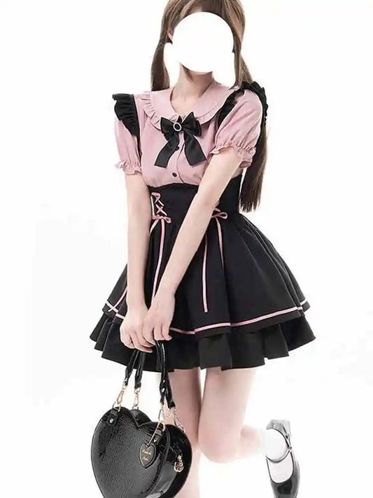 Cute Sweet Lolita Dr Set Women's School Sle Princ Skirt Blouse Two-Piece Set High Waist A-Line ort Sve Doll Collar