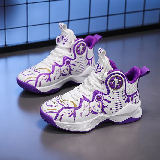 A pair of children's four-season high-top leather basketball shoes, wear-resistant and soft sneakers, sizes 31-37,YY-Y2876