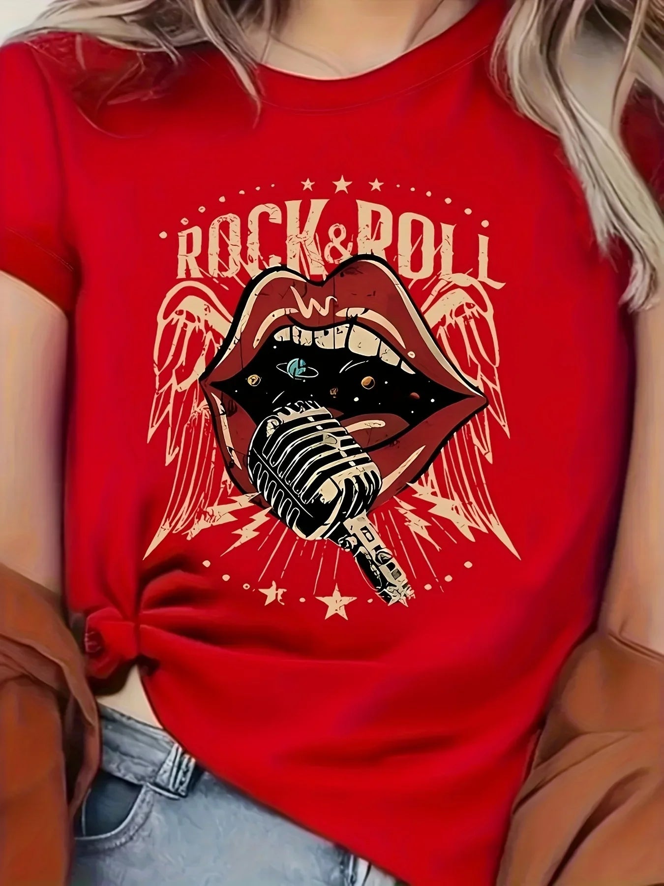 Women'S Vintage Rock Roll Microphone Mouth Graphic Tee - Casual Crew Neck Short Sleeve T-Shirt Summer Fashion Allseason Top