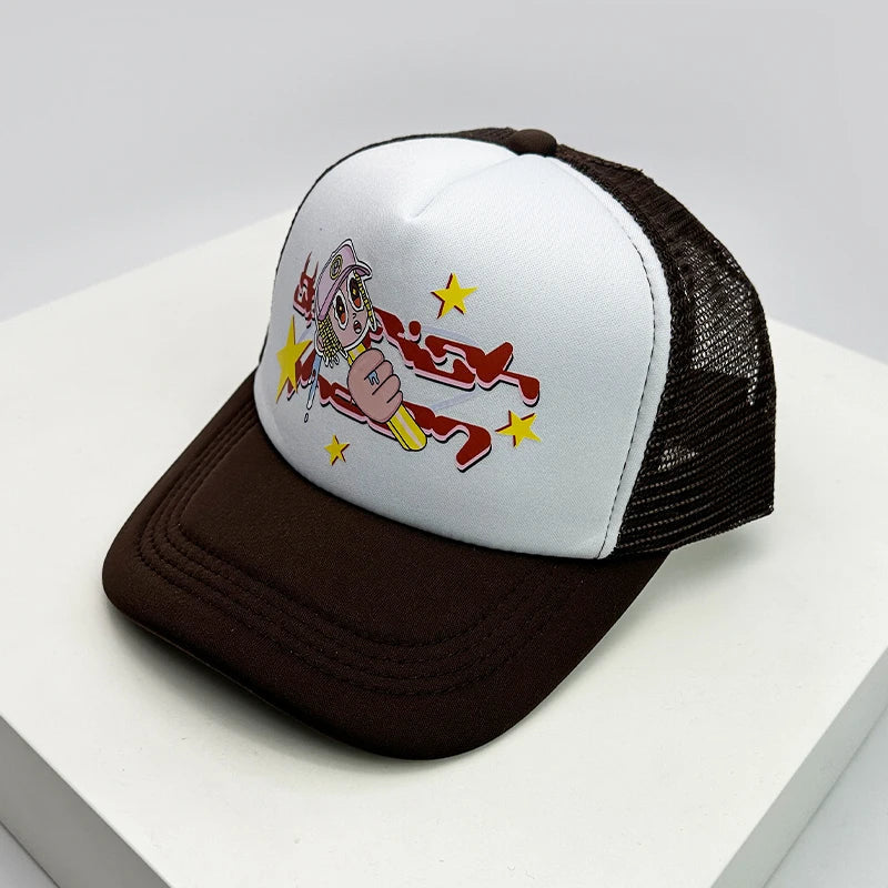 New American Style Men Women Cruise Printed Anime Letter Half Mesh Caps Sunshade Breathable Baseball Hats Versatile Fashion Cute