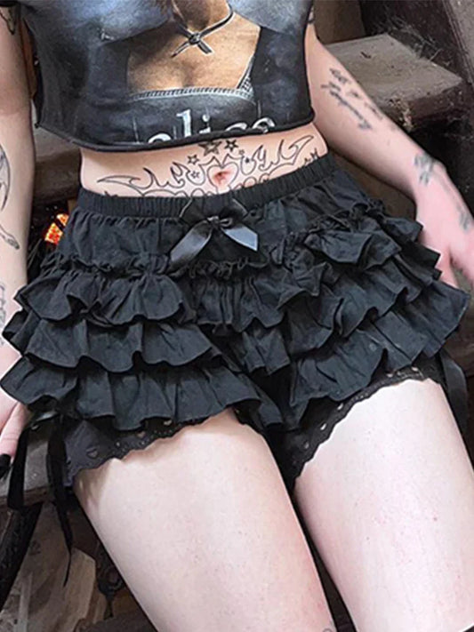Mall Goth Lolita Lace Shorts Women Aesthetic Cute Sweet Bow Patchwork Shorts Y2k E-girl Emo Alternative Kawaii Outfits