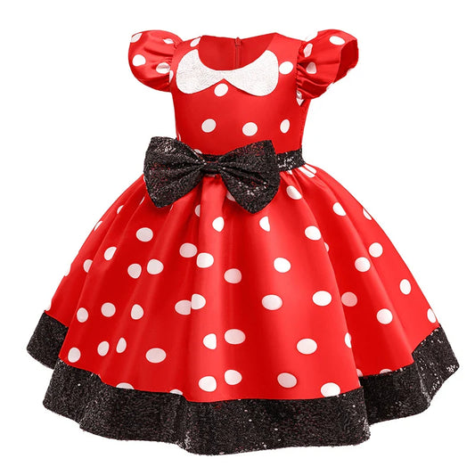New Polka Dot Bow Sequin Little Fly Sleeve Princess Dress for Girls Christmas and Halloween Cosplay Performance Costume