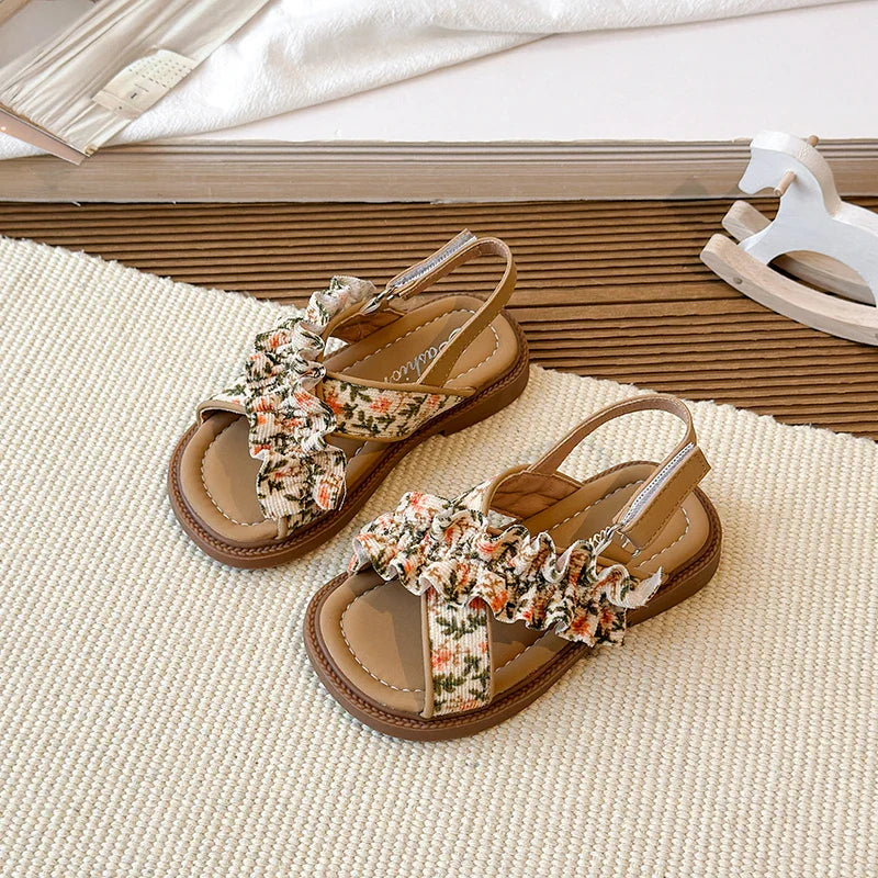 Summer Girl's Sandals Open Toe Flower Hook-loop Chic Kid's Flat Shoe Solid Colors Light Comfy Casual Daily Children Shoes 23-33