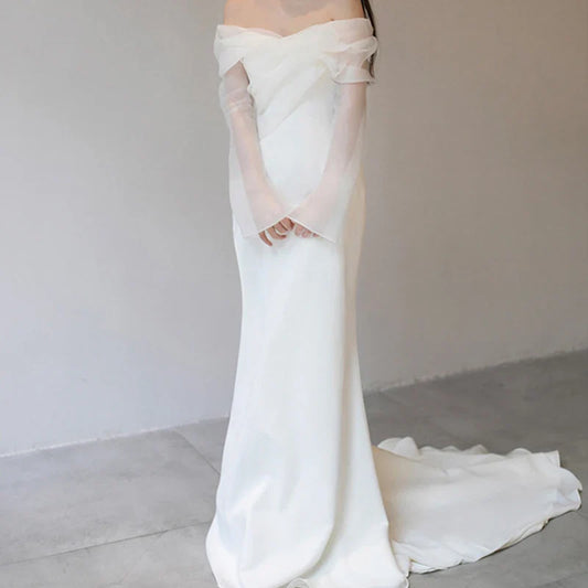 One Shoulder Satin Light Wedding Dress with Simple and Slim Fit Sweet Long Sleeved Bride Evening Gown Vestidos De Novia