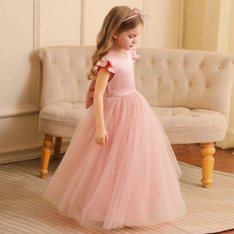 Summer Girl Flower Birthday Tulle Dress Backless Bow Wedding Gown Piano Kids Party Wear Princess Dress Baby Girl Bowknot Dresses