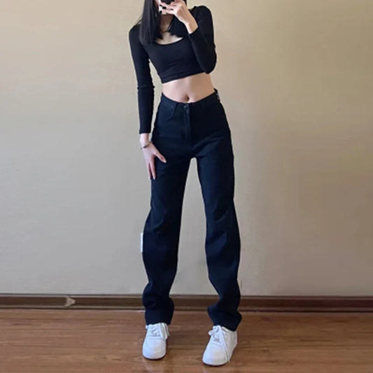 Fashionable Casual Straight Leg Women's Pure Black Jeans High Waisted Slim Fit Wide Leg Pants 2024 New Jeans