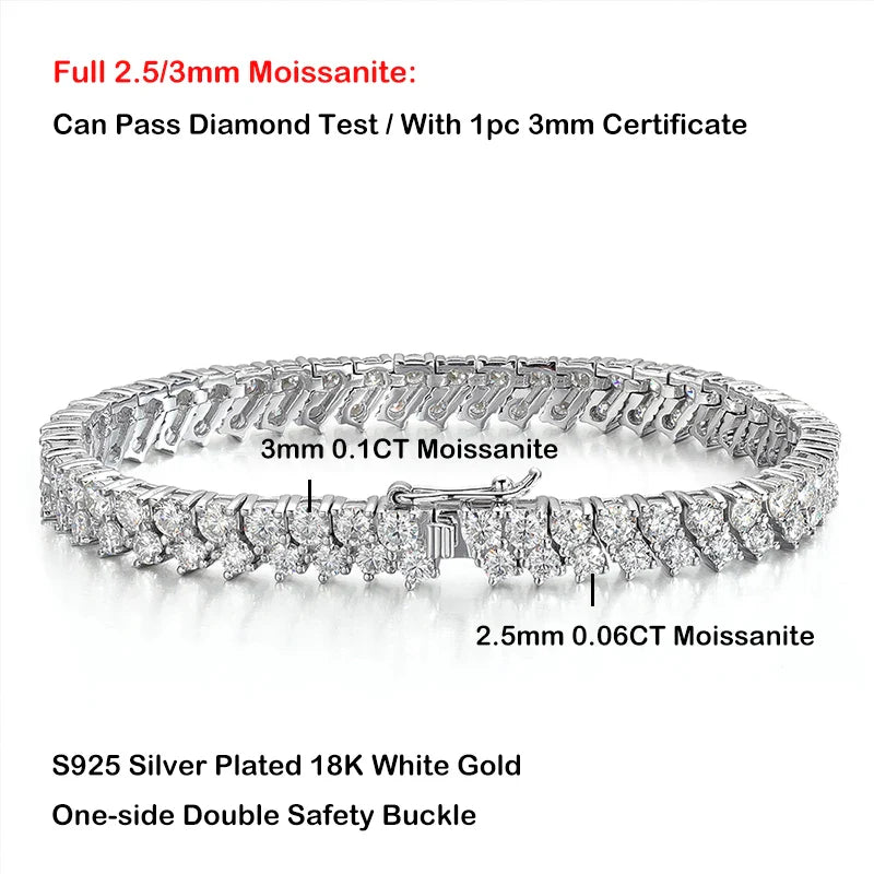 Double Row Full 2.5/3mm Round Cut Moissanite Tennis Bracelet D Color Lab Diamond 925 Silver Women Man Link Bracelets Gift