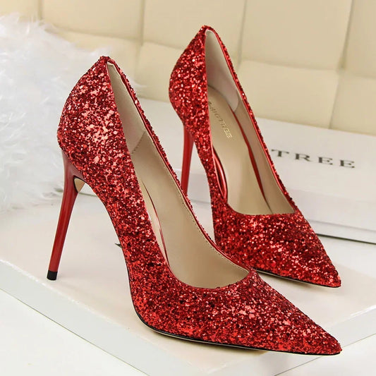 Women Luxury Bling Red Blue Valentine Party Scarpins Pumps Lady Glitter Sequins 7cm 9.5cm High Heels Designer Shoes Plus Size