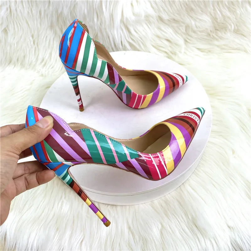 Colorful Striped High heels Fashion Cutting Pointed Shallow Party Shoes For Woman 8CM 10CM 12CM Women Pumps Large Size 44 45 46