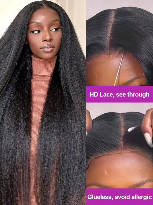 5x5 Kinky Straight Glueless Wigs Pre Cut Lace Kinky Straight Lace Front Wig Yaki Straight Human Hair Wig For Woman 250% Density