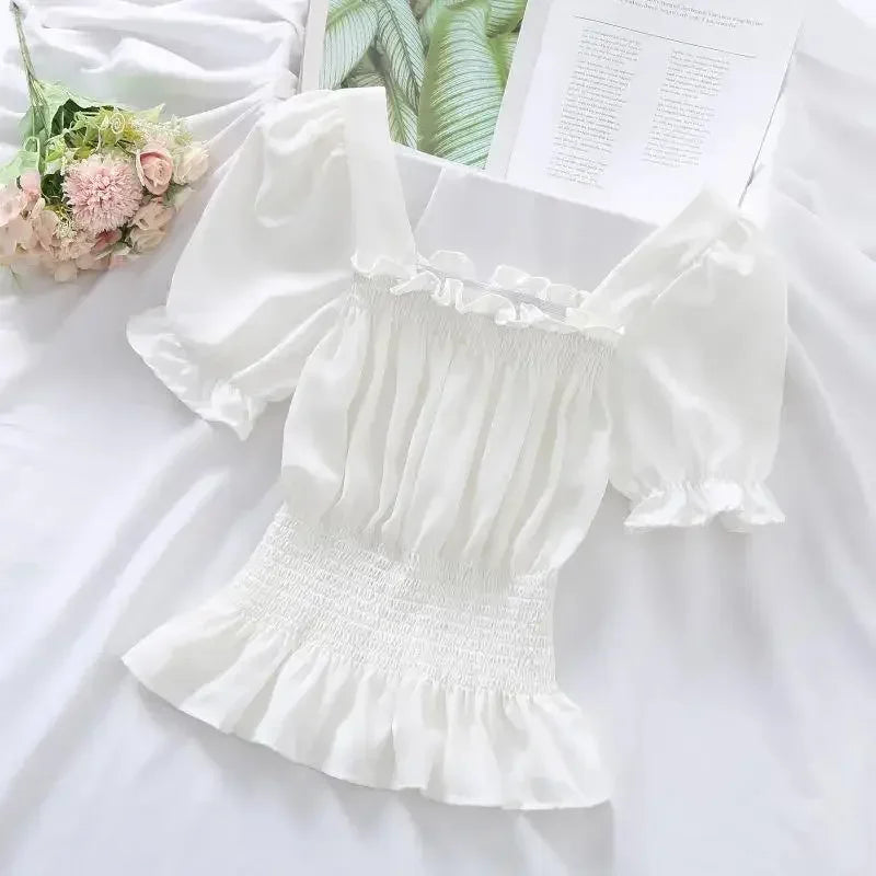 Short Chiffon Shirt Square Neck Top Puff Sleeve Design Women's Short Sleeve Thin Shirt Womens Blouses Wholesale