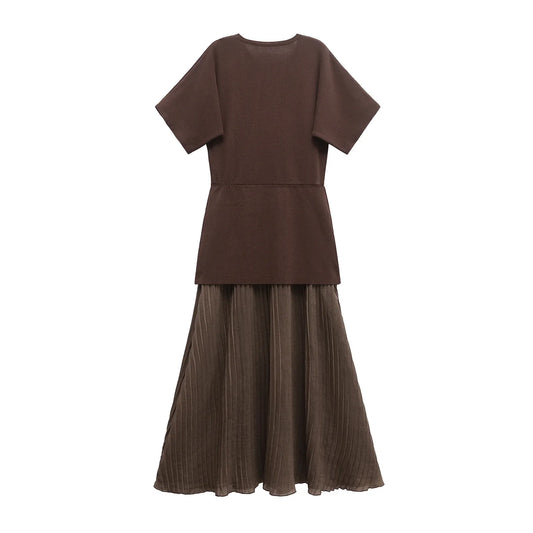Pleated Knitted Long Dresses for Women Short Sleeve Maxi Dress Woman Vintage Party Womens Dresses Patchwork Women's Dress