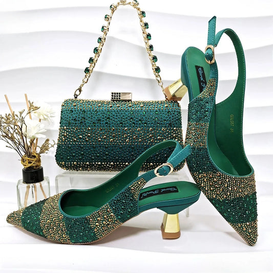Fashion Nigerian Women Heel Party Ladies Italian Design Green Shoes And Bag Set Decorated with Rhinestone Handbag Wedding Party