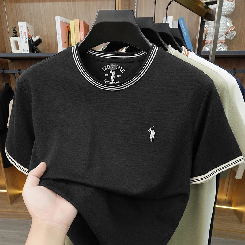 Summer New Cotton Men's Light Luxury Embroidered Versatile Round Neck Loose Short Sleeved Top