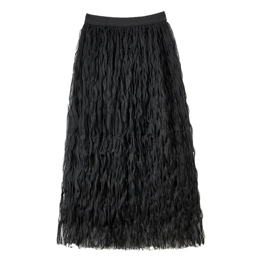 Sweet Style Mesh Skirt Women 2026 A-line Holiday Vacation High Waist Ruffles Long Skirt Woman Clothing W52Q80351