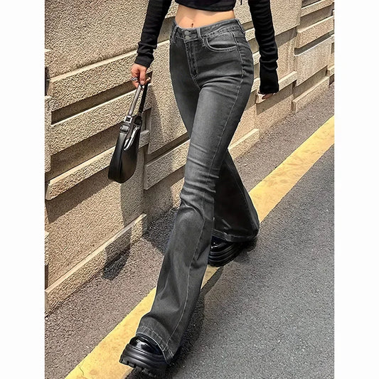 Calça Jeans Retrô Sólida de Cintura Alta com Boca de Sino para Meninas