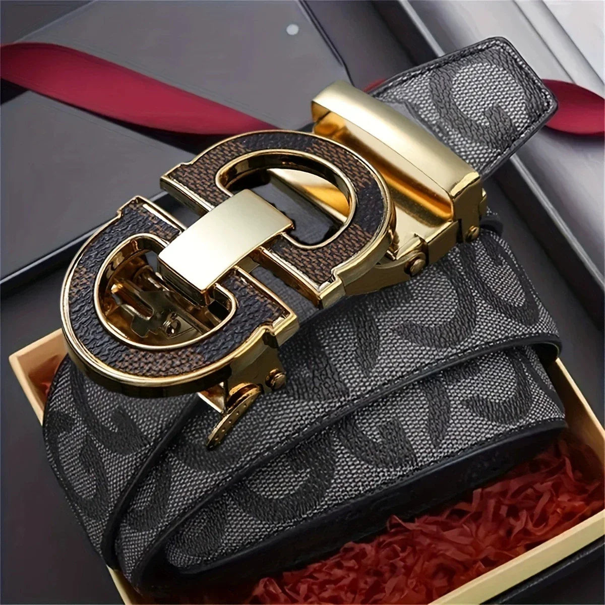 Men's Sleek Automatic Buckle Belt - Genuine FauxwithTextured Square Pattern, Black, Simple & Stylish DesignforCasual Attire