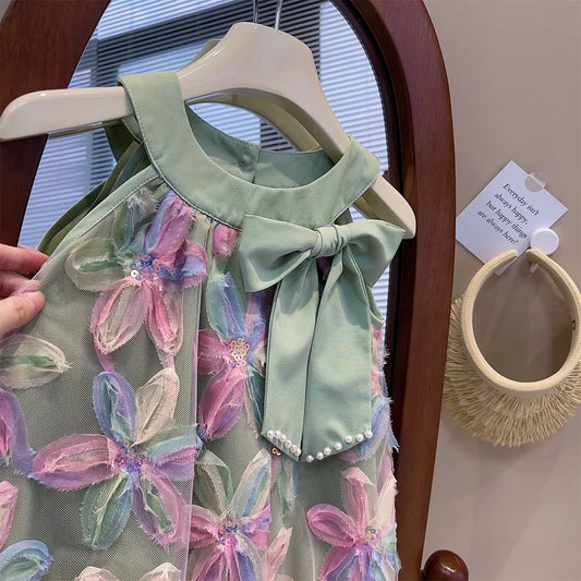 Girl Dress 2025 Summer New Girl Dress Princess Dress Little Girl Fashion Colorful Flower Yarn Dresses Kid Clothes