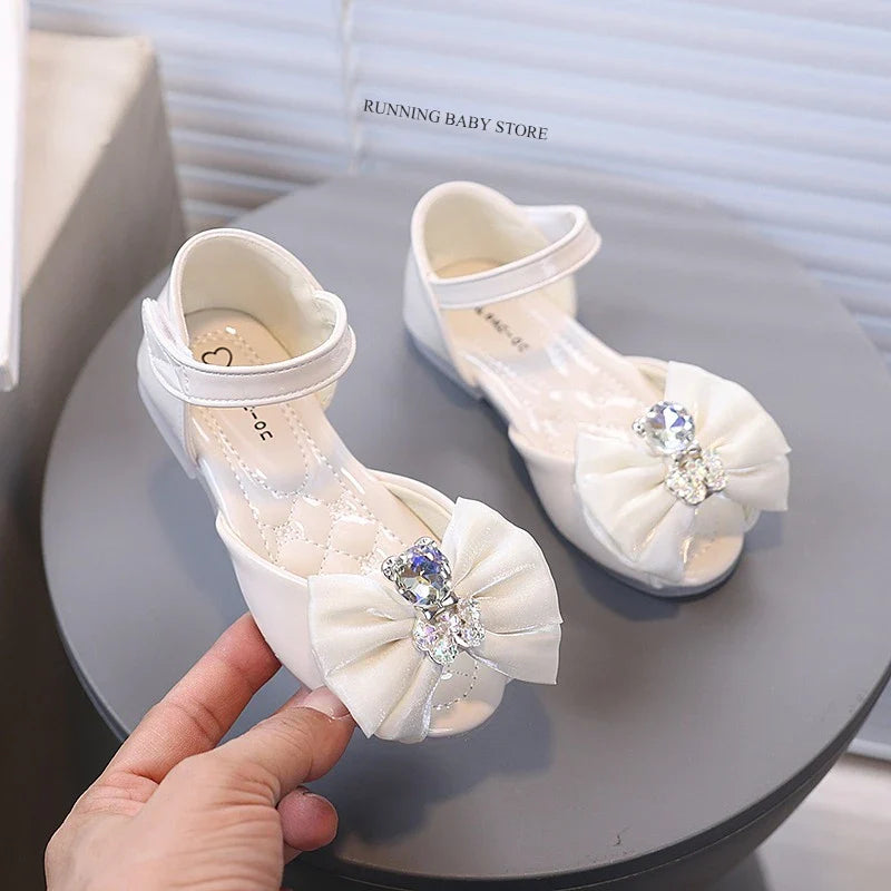 Girl's Fish Mouth Shoes with Rhinestone Bear Decos Prom Party Sandals for Kids Girl Nice Butterfly-knot Students Footwear I10281