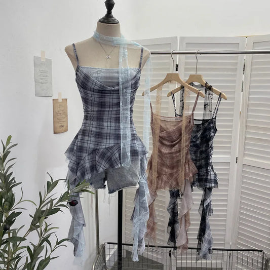 Y2K Plaid Camisole for Women Summer Casual Lace Scarf Breathable Stretch Mesh Patchwork Asymmetrical Ruffle Slim Tops
