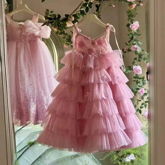Vestido rodado sem mangas de verão para meninas, saia longa de tule doce infantil, linda roupa de princesa para festa de aniversário e Halloween