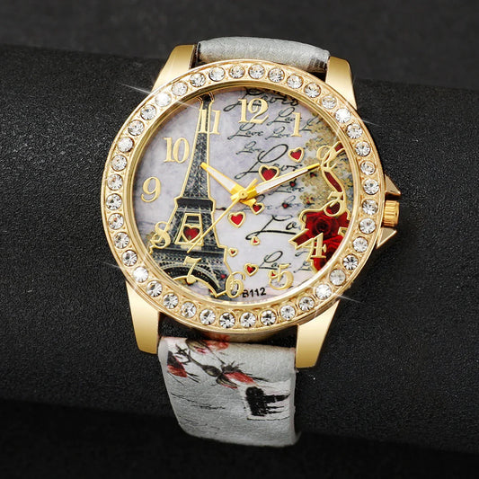 Fashion Rhinestone Women's Watch Arabic Dial Leather Band Quartz Watches(Without Box)
