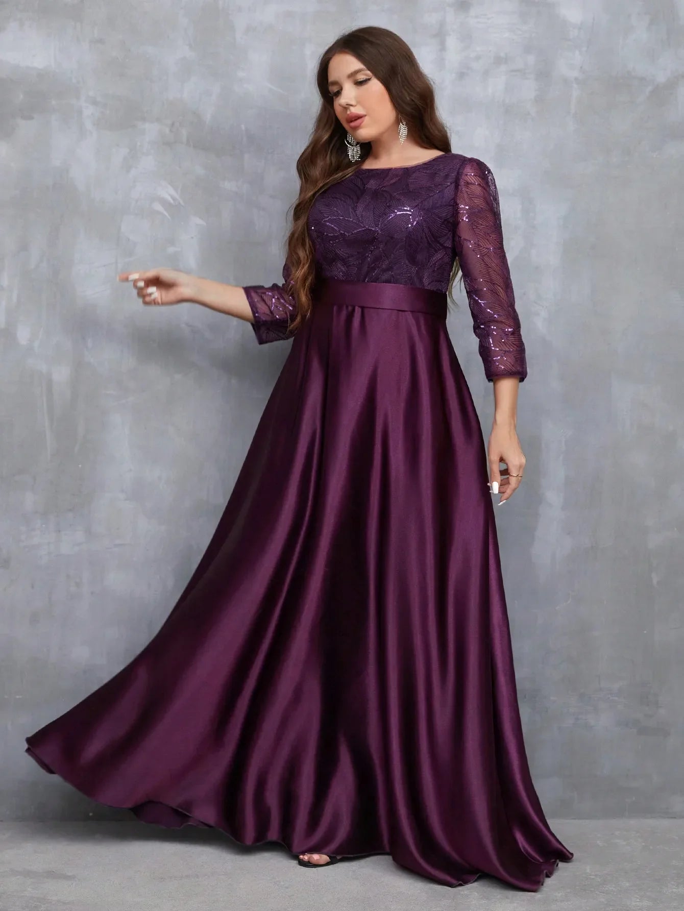 Neck long sleeve sequin patchwork satin long gown ball dress Party dress Bridesmaid dress