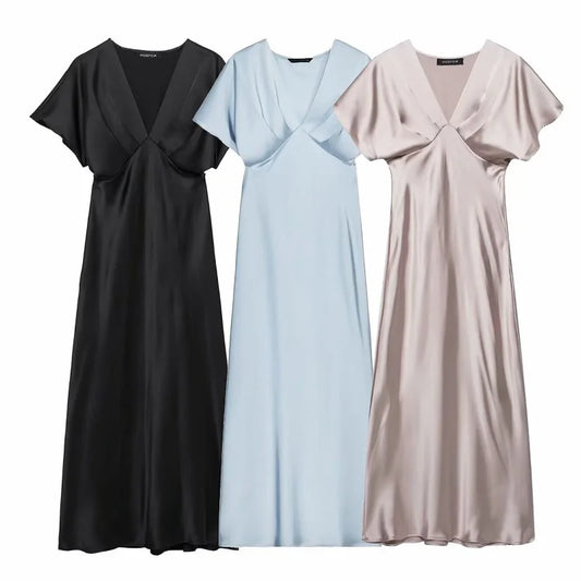 Satin Long Dress Woman Black Draped Midi Dresses for Women Elegant Party Women Dresses Short Sleeve Chic Female Dress