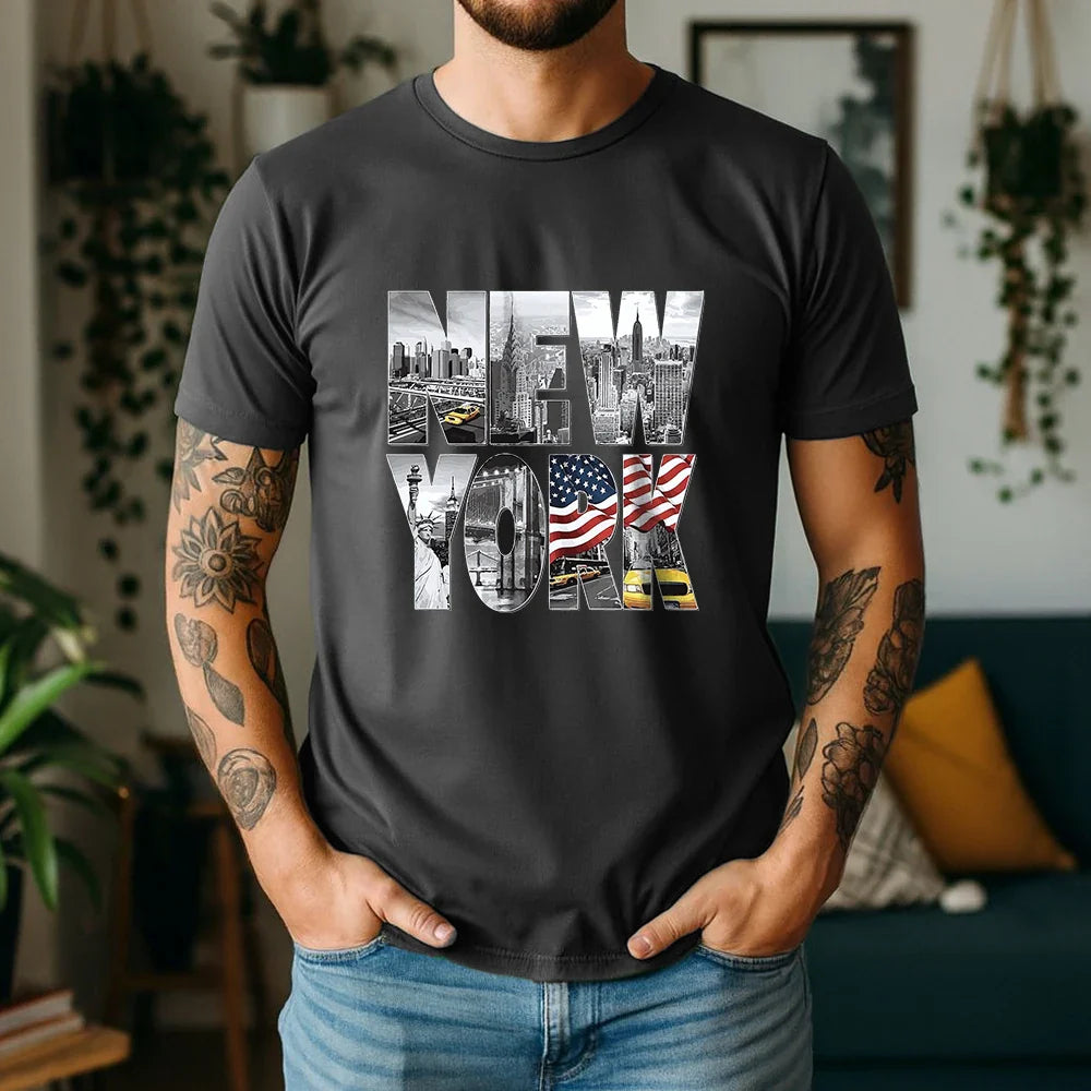New Summer 100% Cotton T-Shirt New York City Landmark Letter Retro American Street Style Oversized Breathable Short Sleeve